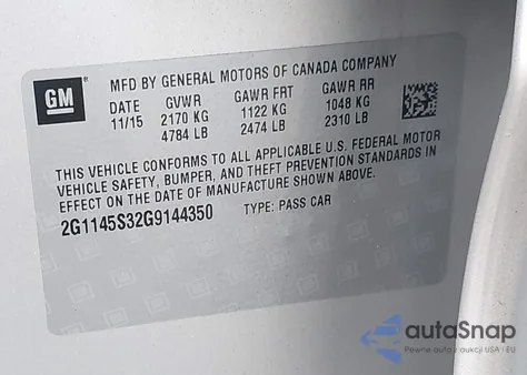 2016 Chevrolet Impala 2Lz z USA, uszkodzony, nr VIN 2G1145S32G9144350